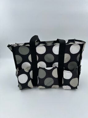 Thirty-One Black Polka Dot Canvas Tote Bag with Front Pockets